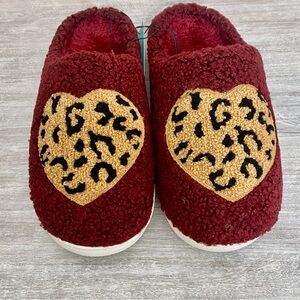 Burgundy Leopard Animal Print Heart Faux Sherpa House-shoes Slippers S/M, L/XL
